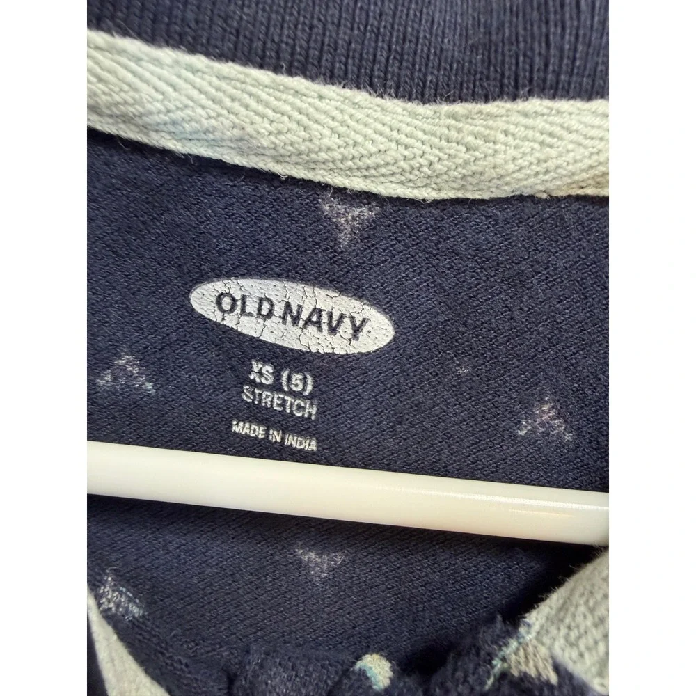 Old Navy Kids Navy Blue Heart Print Short Sleeve Polo Shirt XS 5 Stretch Pique
